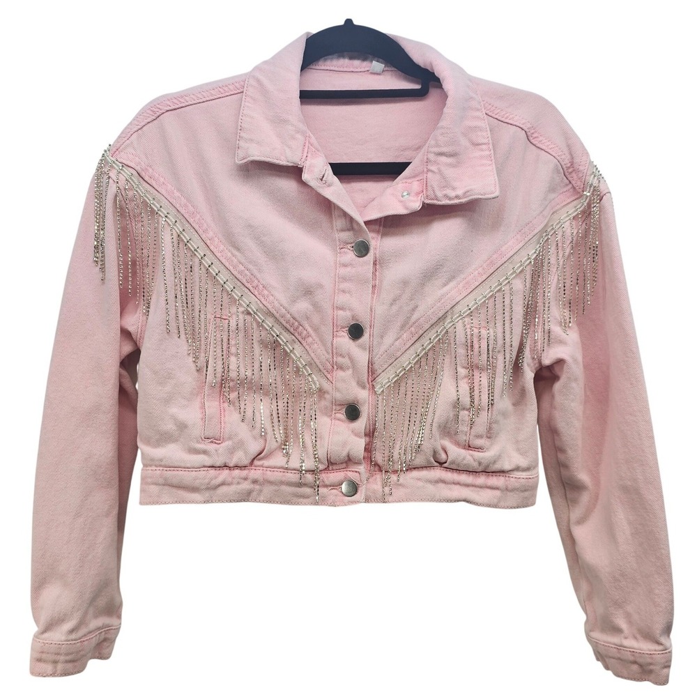 Pink Rhinestone Fringe Cropped Denim Jacket Western Glam Festival Coat Medium
